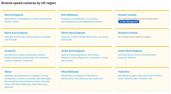 The SpeedCamerasUK speed camera database home page showing the list of UK regions