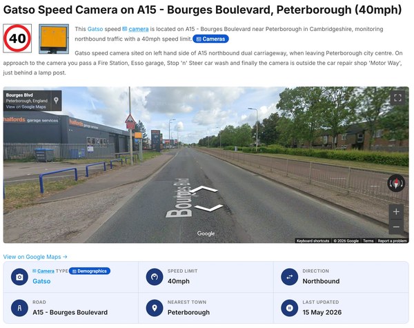 An example SpeedCamerasUK camera location page showing camera details and an embedded Google Street View
