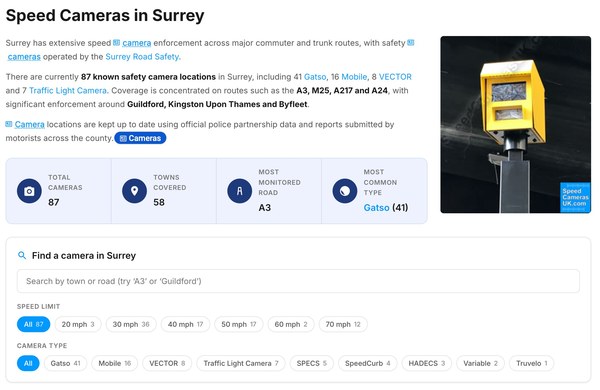 A SpeedCamerasUK region listing page showing speed cameras listed alphabetically by county and road