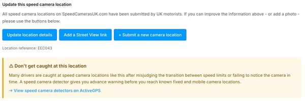 The Update location details button as it appears at the bottom of a SpeedCamerasUK camera location page